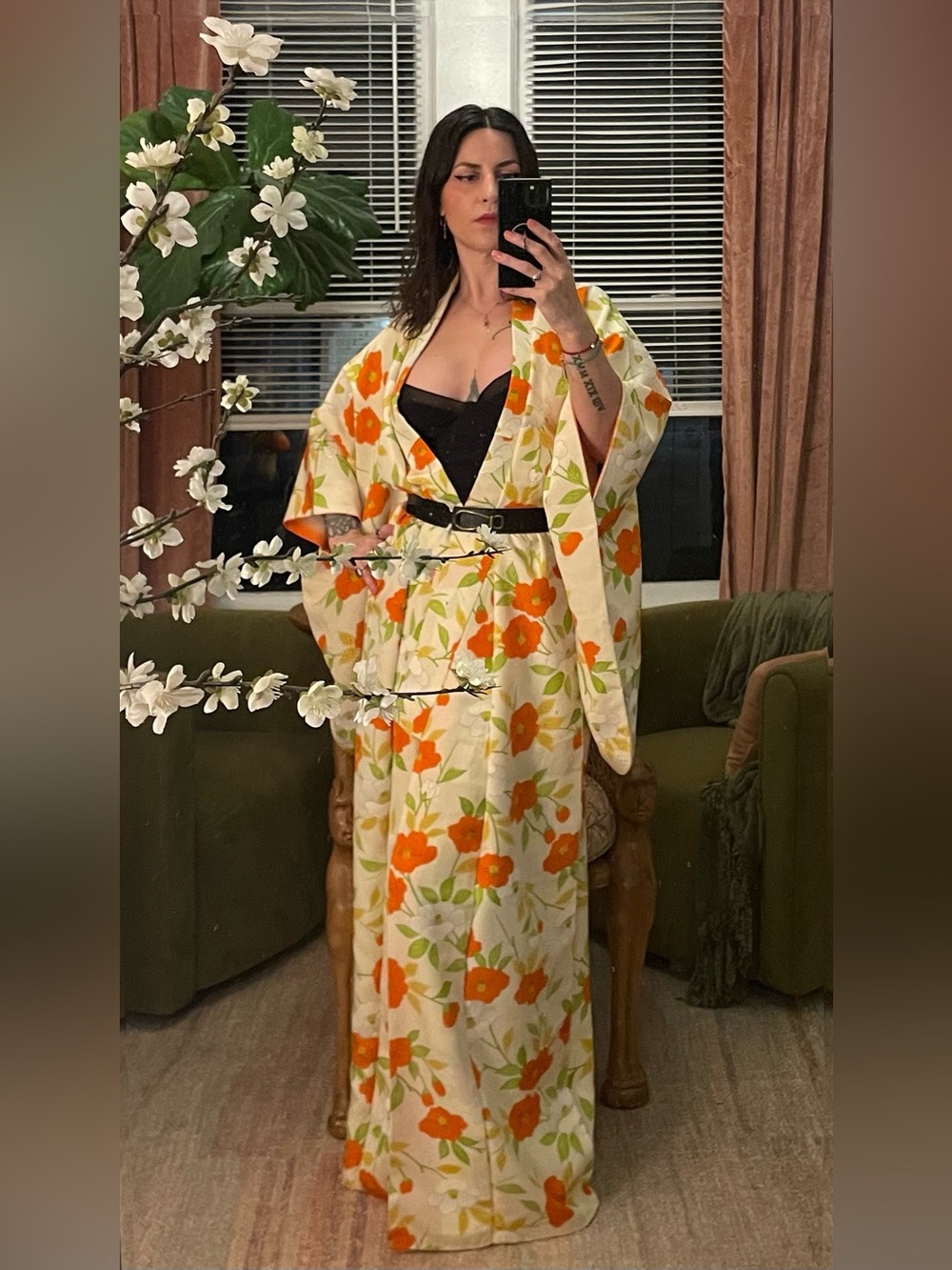 Real crepe silk vintage Japanese kimono Kinsha floral flowers orange cover up